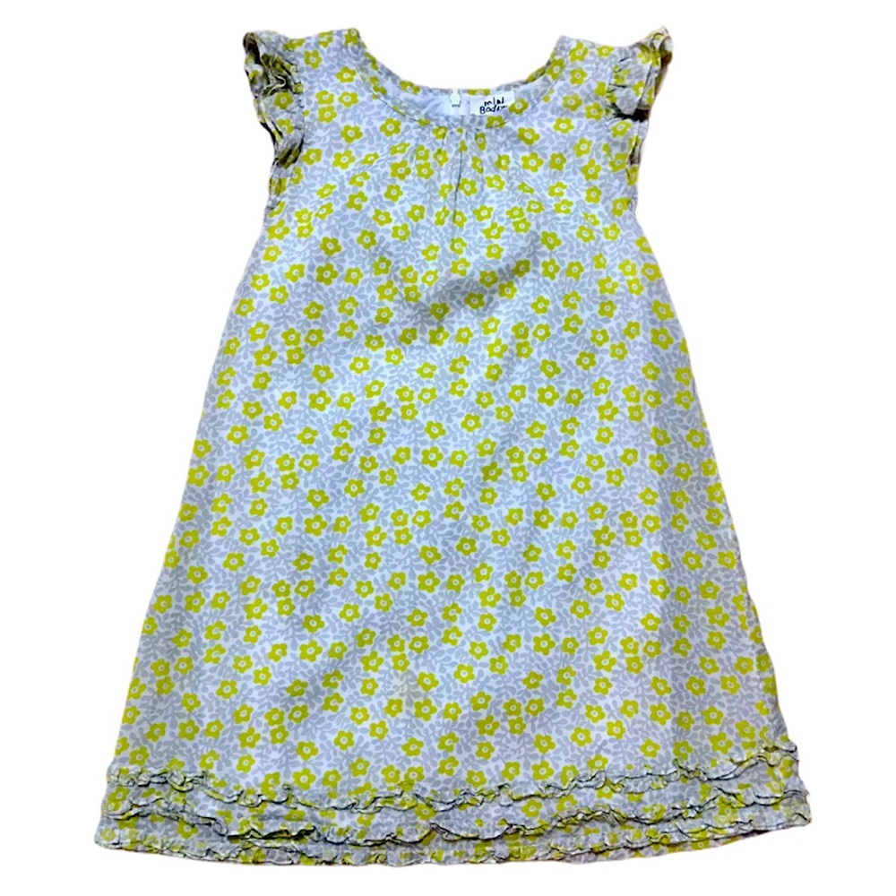 Girls Mini Boden yellow gray flower ruffled dress